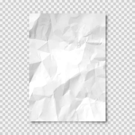 Realistic blank crumpled paper sheet in A4 format on transparent background. Notebook page, document. Design template or mockup. Vector illustration.のイラスト素材