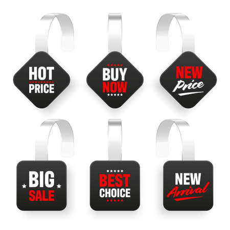 Supermarket promotional wobblers isolated on white background. Realistic wobbler template for shelf advertising. Sale or discount label with ad text. Special offer price tag. Vector illustration.のイラスト素材