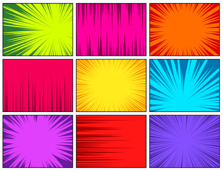 Comic book colorful radial lines collection. Cartoon comics background with motion, speed lines. Retro Pop Art style. Vector illustration.のイラスト素材