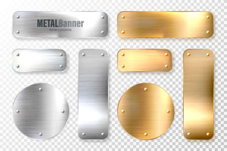 Realistic shiny metal banners set. Brushed steel and copper plate. Polished silver metal surface. Vector illustration.のイラスト素材