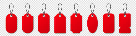 Realistic red price tags collection. Special offer or shopping discount label. Retail paper sticker. Blank promotional sale badge. Vector illustration.のイラスト素材