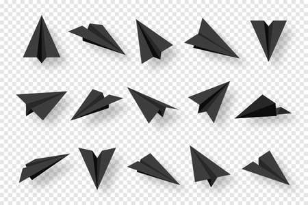 Realistic black handmade paper planes isolated on transparent background. Origami aircraft in flat style. Vector illustration.のイラスト素材