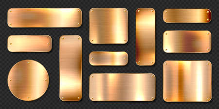 Realistic shiny metal banners set. Brushed steel plate with screws. Polished copper metal surface. Vector illustration.のイラスト素材