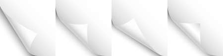 Set of white paper curls. Curled page corner with shadow. Blank sheet of paper. Design element for advertising and promotion. Vector illustration.のイラスト素材