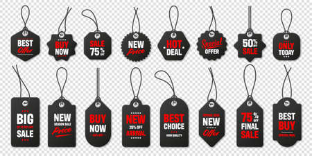 Realistic black price tags collection. Special offer or shopping discount label. Retail paper sticker. Promotional sale badge with text. Vector illustration.のイラスト素材