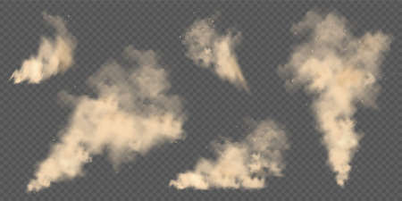 Realistic dust clouds. Road sand storm. Polluted dirty brown air with dirt particles, smog. Air, environmental pollution. Vector design element.のイラスト素材