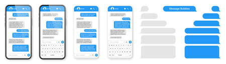 Realistic smartphone with messaging app. Blank SMS text frame. Messenger chat screen with blue message bubbles. Social media application. Vector illustration.のイラスト素材