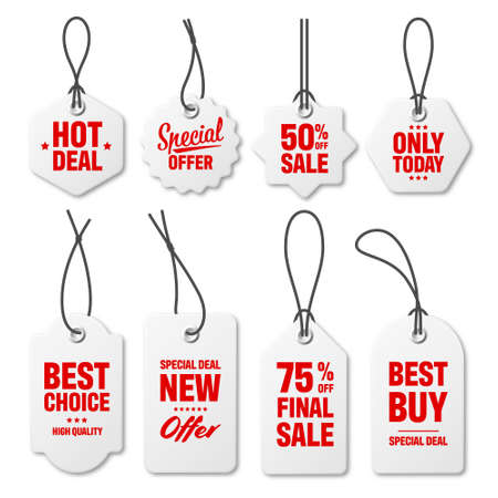 Realistic price tags collection. Special offer or shopping discount label. Retail paper sticker. Promotional sale badge. Vector illustration.のイラスト素材