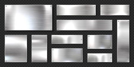 Realistic shiny metal banners set. Brushed steel plate with screws. Polished silver metal surface. Vector illustration.のイラスト素材