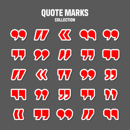 Quotation marks vector collection. Red quotes icon. Colorful stickers collection. Speech mark symbol.のイラスト素材