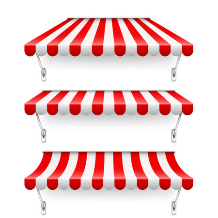 Shop sunshade with metal mount. Realistic red striped cafe awning. Outdoor market tent. Roof canopy. Summer street store. Vector illustration.のイラスト素材