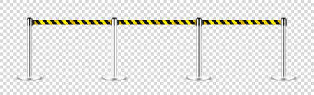 Realistic retractable belt stanchion on transparent background. Crowd control barrier posts with caution strap. Queue lines. Restriction border and danger tape. Vector illustration.のイラスト素材