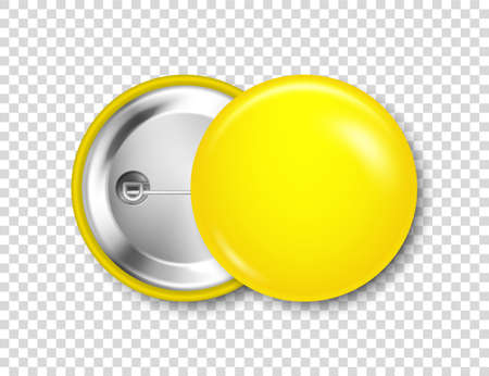 Realistic yellow blank badge isolated on transparent background. Glossy 3D round button. Pin badge, brooch mockup for product promotion and advertising. Vector illustration.のイラスト素材