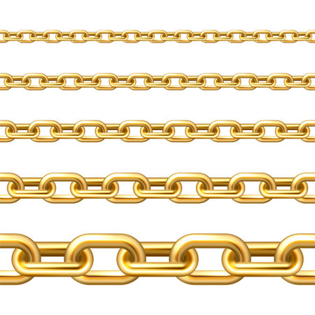 Realistic gold plated seamless metal chain with golden links isolated on white background. Vector...