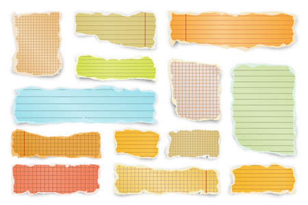Ripped colorful paper strips. Realistic crumpled paper scraps with torn edges. Lined shreds of notebook pages. Vector illustration.のイラスト素材