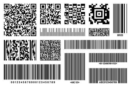 Set of product barcodes and QR codes. Identification tracking code. Serial number, product ID with digital information. Store or supermarket scan labels, price tag. Vector illustration.のイラスト素材