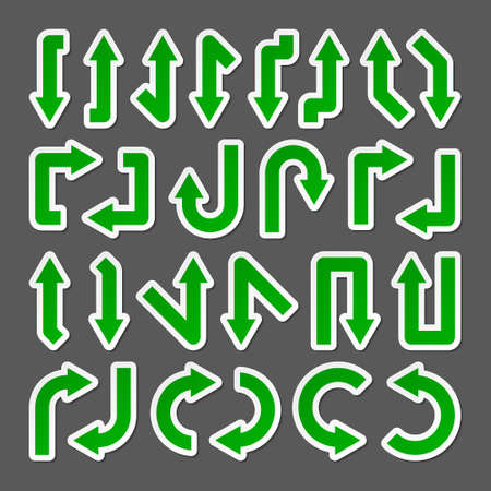 Colorful arrow stickers set. Green pointers collection. Simple arrows in different shapes. Direction signs. Vector illustration.のイラスト素材