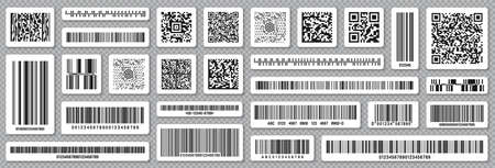 Set of product barcodes and QR codes. Identification tracking code. Serial number, product ID with digital information. Store or supermarket scan labels, price tag. Vector illustration.のイラスト素材