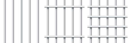 Realistic metal prison bars isolated on white background. Detailed jail cage, prison iron fence. Criminal background mockup. Creative vector illustration.のイラスト素材