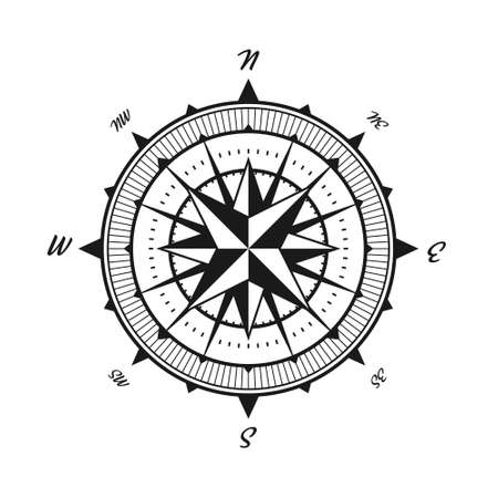 Vintage marine wind rose, nautical chart. Monochrome navigational compass with cardinal directions of North, East, South, West. Geographical position, cartography and navigation. Vector illustration.のイラスト素材