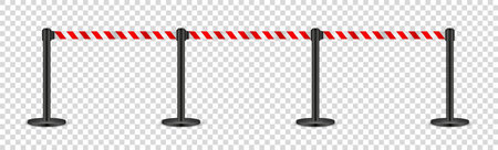 Realistic retractable belt stanchion on transparent background. Crowd control barrier posts with caution strap. Queue lines. Restriction border and danger tape. Vector illustration.のイラスト素材