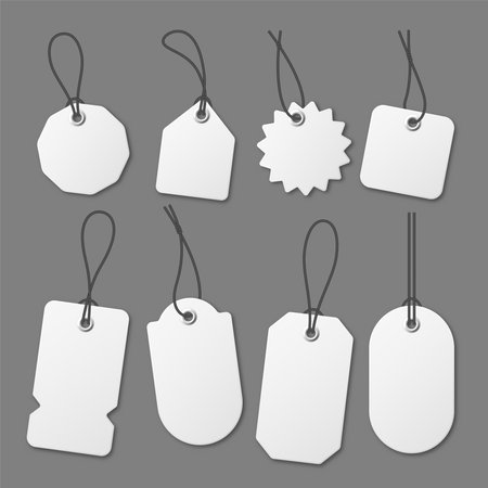 Realistic white price tags collection. Special offer or shopping discount label. Retail paper sticker. Promotional sale badge. Vector illustration.のイラスト素材