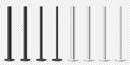 Realistic metal poles collection isolated on transparent background. Glossy steel pipes of various diameters. Billboard or advertising banner mount, holder. Vector illustration.のイラスト素材