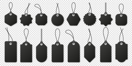 Realistic black price tags collection. Special offer or shopping discount label. Retail paper sticker. Blank promotional sale badge. Vector illustration.のイラスト素材