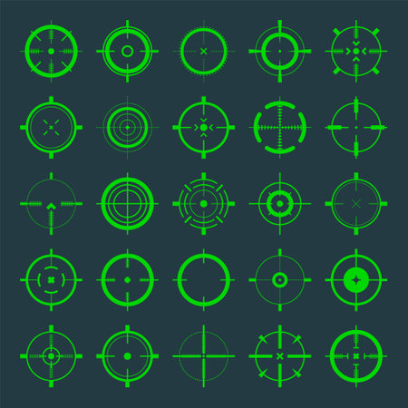 Crosshair, gun sight vector icons. Bullseye, green target or aim symbol. Military rifle scope, shooting mark sign. Targeting, aiming for a shot. Archery, hunting and sports shooting. Game UI element.のイラスト素材