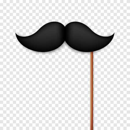 Realistic black mustache on a wooden stick. Fake paper mustache isolated on transparent background. Fashionable facial hair. Vintage design element. Creative vector illustration.のイラスト素材