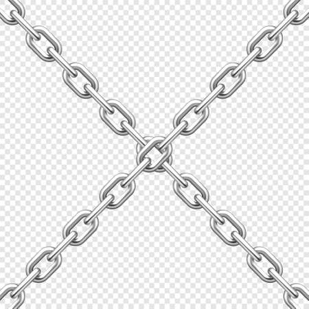 Realistic crossing metal chains with silver links on transparent background. Vector illustration.のイラスト素材