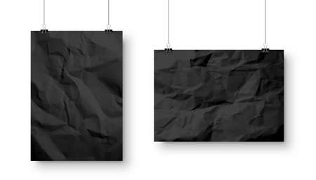Realistic blank hanging paper sheets in A4 size with shadow isolated on white background. Black crumpled notebook page. Design poster, template or mockup. Vector illustration.のイラスト素材