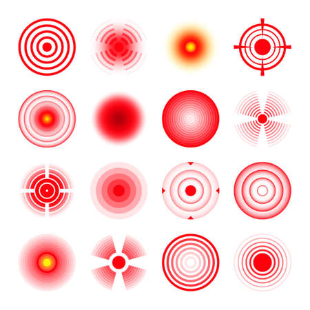 Pain localization marks. Painful area, aching spot. Red circles, targets. Headache, bruised body part marker. Back, neck, muscle pain symbol. Healthcare ad, medical information. Vector illustration.のイラスト素材