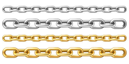 Realistic golden and silver chains isolated on white background. Metal chain with shiny gold plated links. Vector illustration.のイラスト素材