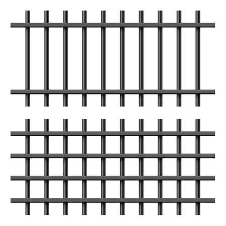 Black realistic metal prison bars isolated on white background. Detailed jail cage, prison iron fence. Criminal background mockup. Creative vector illustration.のイラスト素材
