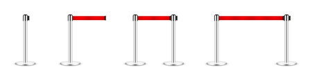 Realistic vector retractable belt stanchion. Crowd control barrier posts with caution strap. Queue lines. Restriction border and danger tape.のイラスト素材