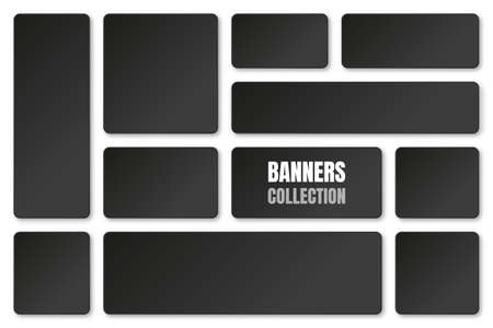 Set of blank black paper banners with shadows isolated on white background. Adhesive stickers, labels with rounded corners. Vector illustration.のイラスト素材