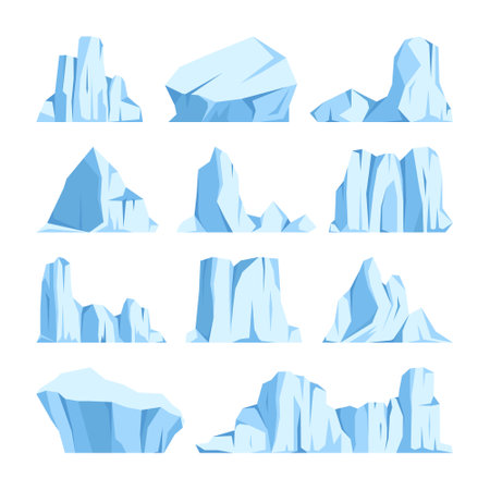 Floating icebergs collection. Drifting arctic glacier, block of frozen ocean water. Icy mountains with snow. Melting ice peak. Antarctic snowy landscape. South and North Pole. Vector illustration.のイラスト素材