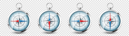 Realistic silver vintage compass with marine wind rose and cardinal directions of North, East, South, West. Shiny metal navigational compass. Cartography and navigation. Vector illustration.のイラスト素材