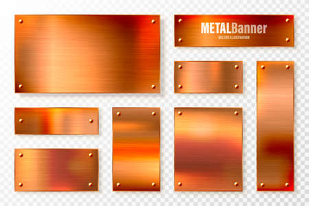 Realistic copper banners collection. Brushed stainless steel plate with rivets. Polished metal surface. Scratched industrial texture, metal background. Vector illustration.のイラスト素材