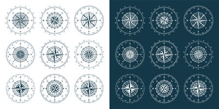 Vintage marine wind rose, nautical chart. Monochrome navigational compass with cardinal directions of North, East, South, West and degree markings. Geographical position, cartography and navigation.のイラスト素材