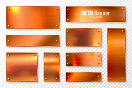 Realistic copper banners collection. Brushed stainless steel plate with rivets. Polished metal surface. Scratched industrial texture, metal background. Vector illustration.のイラスト素材