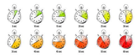 Realistic classic stopwatch icons. Shiny metal chronometer, time counter with dial. Red countdown...