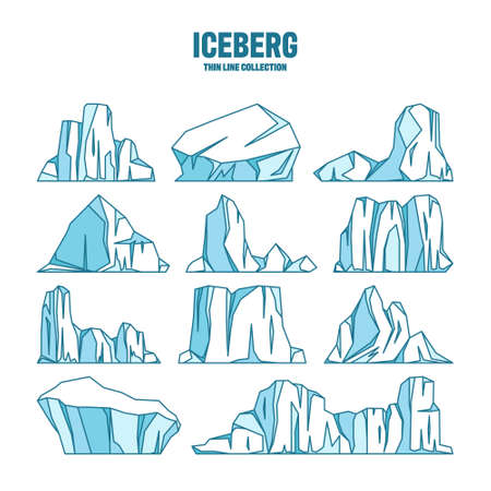Floating icebergs sketch collection. Drifting arctic glacier, block of frozen ocean water. Icy mountains with snow. Melting ice peak. Antarctic snowy landscape. Outline drawing. Vector illustration.のイラスト素材
