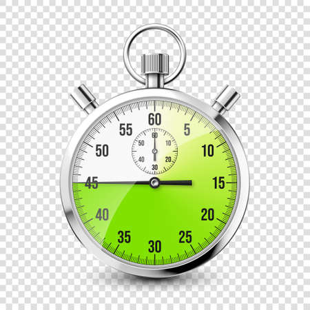 Realistic classic stopwatch icon. Shiny metal chronometer, time counter with dial. Green countdown timer showing minutes and seconds. Time measurement for sport, start and finish. Vector illustrationのイラスト素材