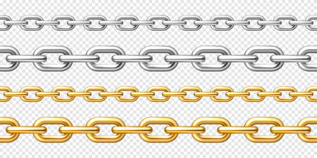 Realistic seamless golden and silver chains on checkered background. Metal chain with shiny gold plated links. Vector illustration.のイラスト素材