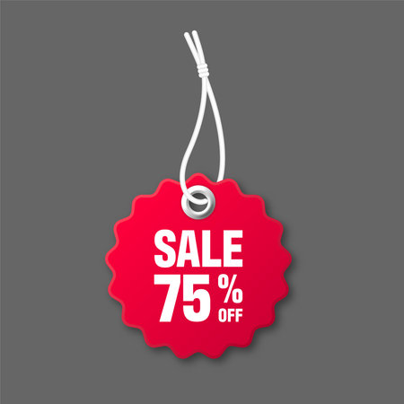 Realistic red price tag with white string on gray background. Special offer or shopping discount...