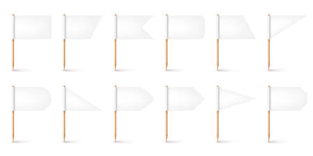 Realistic various toothpick flags. Wooden toothpicks with white paper flag. Location mark, map pointer. Blank mockup for advertising and promotions. Vector illustrationのイラスト素材