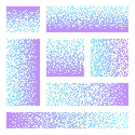 Pixel disintegration, decay effect. Various rectangular elements made of colorful square shapes. Dispersed dotted pattern. Mosaic texture with simple particles. Vector illustration.のイラスト素材