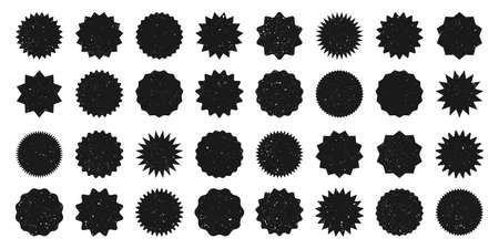 Black shopping labels with grunge texture. Vintage sale or discount sticker. Special offer price tag. Supermarket promotional badge. Vector sunburst icon.のイラスト素材